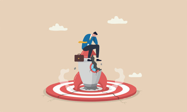 businessman red bullseye target company on crash launching space rocket metaphor new business failure