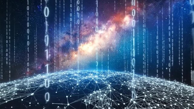 Digital binary code streams over a glowing connected global network