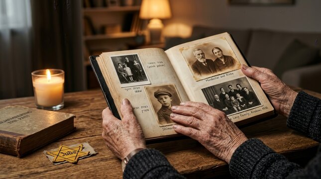 Vintage Jewish family pictures in a photo album held by elderly hands for Shoah memorial concept.