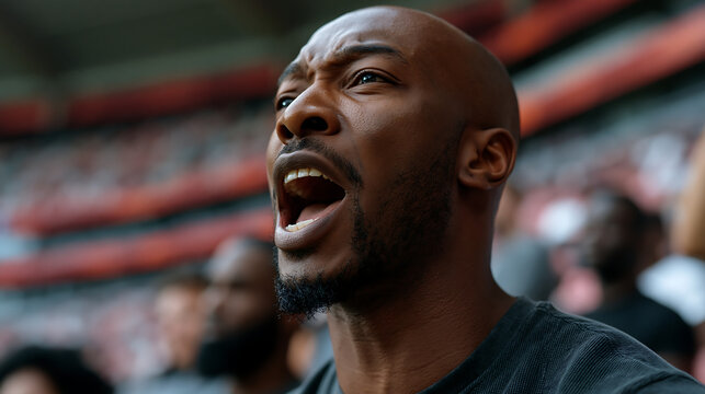 passionate bearded man cheering and shouting at sports game, excited fan stadium supporter emotion concept