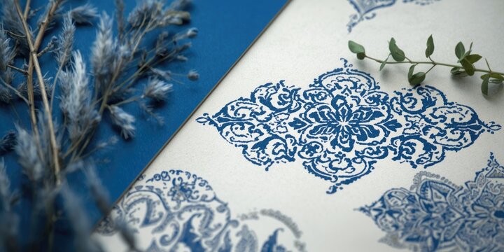 Traditional tribal ogee design with boho style in blue and white colors