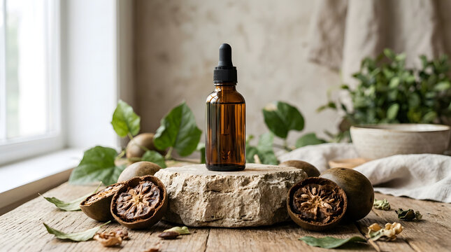 An amber glass dropper bottle mockup on a stone podium surrounded by luo han guo monk fruit in a bright interior setting