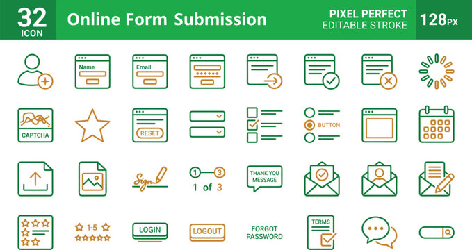Online Form Submission Editable Stroke Icon Set with Login Registration Survey Email and Web Interface Symbols