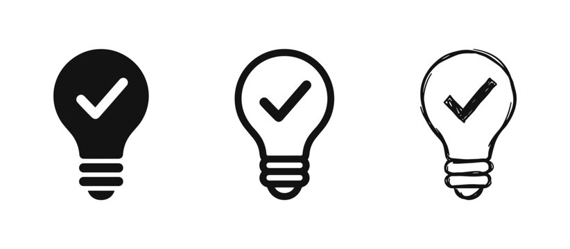 Idea solution icons set, light bulb with check mark vector icons in glyph, line and hand drawn styles