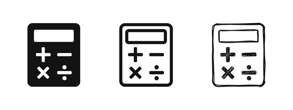 Calculator icon set featuring solid, line art, and hand-drawn styles for finance and math themes.
