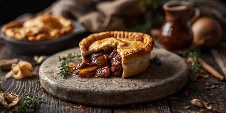 Tasty steak pie on a rustic stone board served with onion and rich wine infused gravy