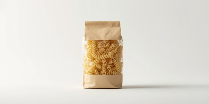 Pouch of dry spirali pasta on clean white background for recipe illustrations