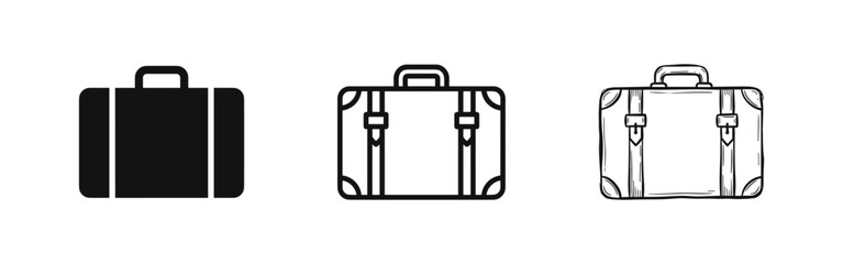 Travel Suitcase Icons Set in Different Styles - Solid, Outline, and Hand-Drawn Sketch Vector Illustration © drawing lines