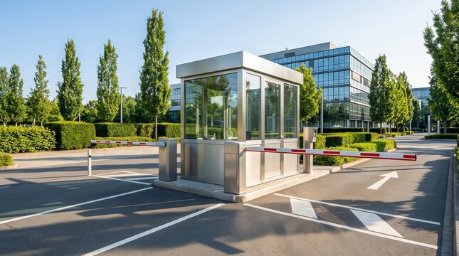 Modern corporate business park entrance featuring an automatic security checkpoint and barrier gates.