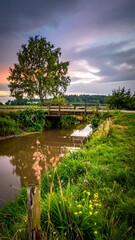Fototapeta premium Rustic bridge over a tranquil stream at sunset