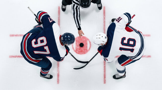 Overhead view of referee dropping puck between opposing hockey players. Concept of professional match opening, fair officiating, team rivalry and tactical competition.