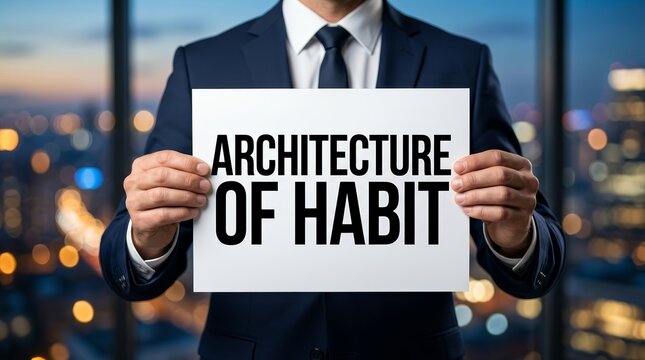 Close up of a businessman presenting the architecture of habit on a white card.