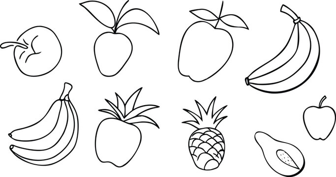 Set of assorted fresh fruits outline illustration including banana apple pineapple and avocado icon.