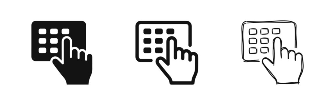 User Interface Hand Touch Keypad Icon, Numeric Pad Input in Flat, Line, and Doodle Styles