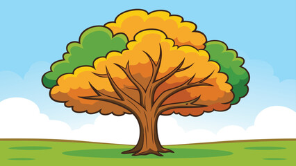 Autumn tree with orange and green leaves on background of sky with clouds, vector illustration. © Gfx Foysal