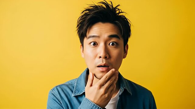 Surprised Young Asian Man Covering Mouth, Wide-Eyed on Bright Yellow Background