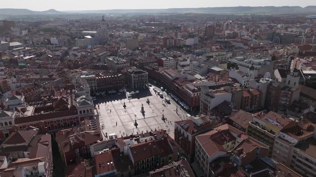Aerial drone view of Valladolid city center, Plaza Mayor de Valladolid, Spain
