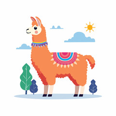 Fototapeta premium Cute Orange Llama Illustration with Colorful Saddle and Neckwear