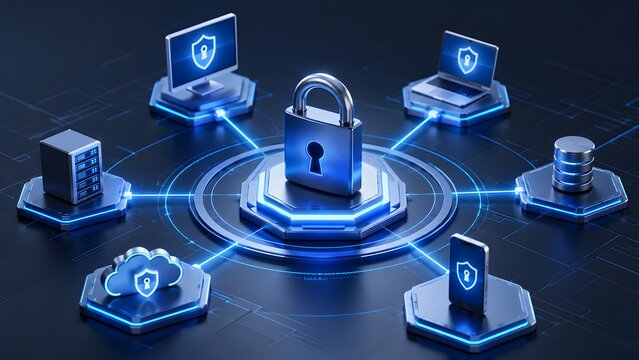 Enterprise cloud security network featuring a central padlock connected to secure servers databases and digital devices on a dark tech background