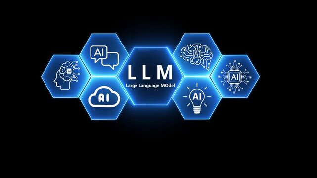 Futuristic concept of artificial intelligence and large language models (LLM) with glowing AI icons and human hand interface. Innovation in machine learning and digital transformation.4k video .