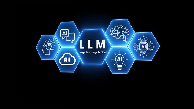 Futuristic concept of artificial intelligence and large language models (LLM) with glowing AI icons and human hand interface. Innovation in machine learning and digital transformation.4k video .