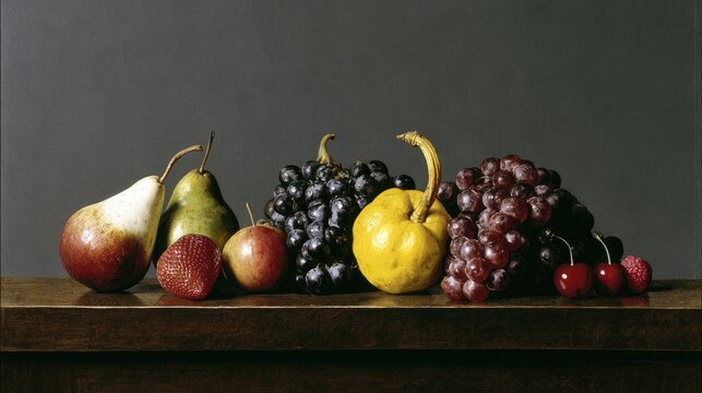 A rich still life of ripe fruits and gourds on a wooden surface