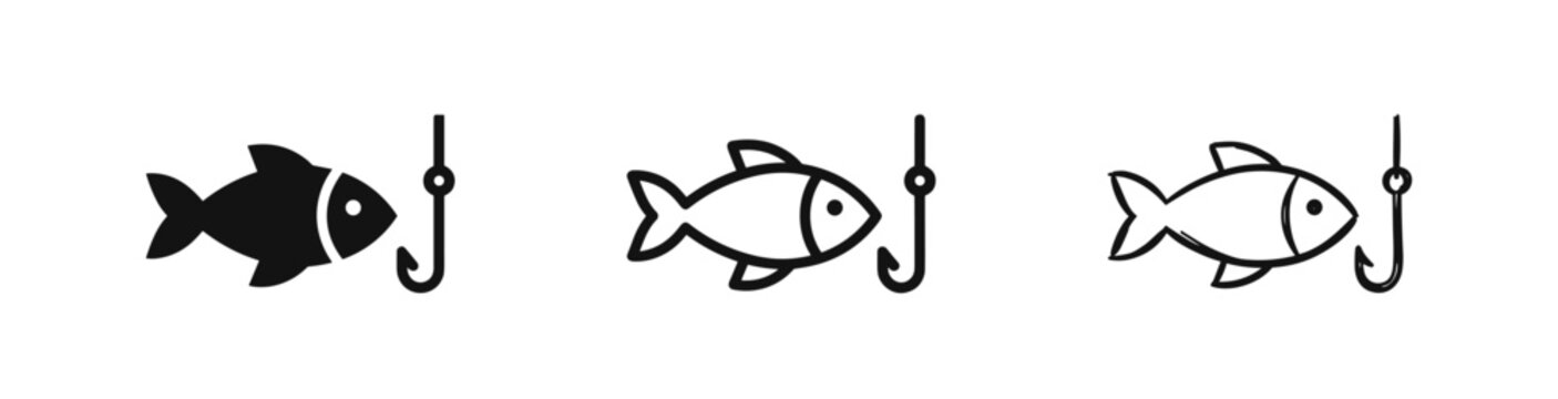 Fish and fishing hook icon set featuring solid, line art, and hand-drawn sketch versions