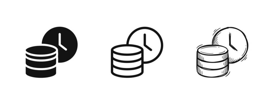 Database or coin stack with clock icon set in solid, outline, and hand-drawn styles