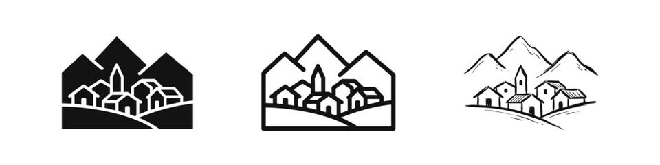 Mountain village landscape icon set in solid, outline, and hand-drawn sketch styles © drawing lines