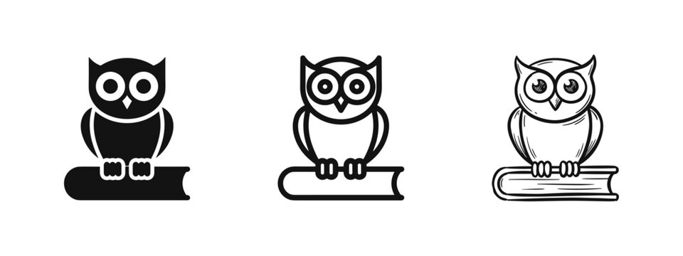 Wise owl on book icon set in solid, line, and hand-drawn sketch styles