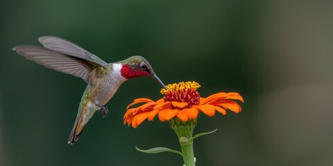Obraz premium Ruby throated hummingbird hovering and drinking nectar from bright orange garden zinnia
