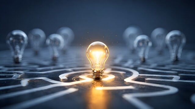 Digital innovation concept showing a glowing lightbulb navigating a circuit board maze representing complex problem solving and technology strategy