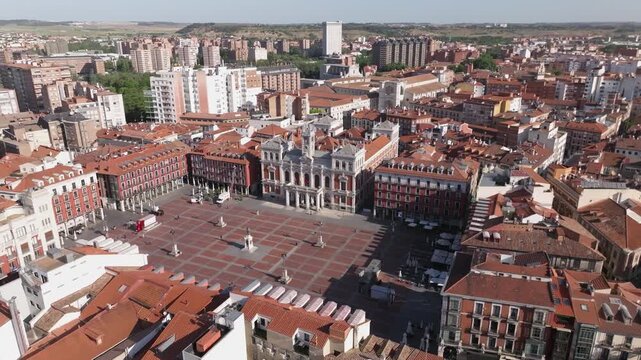 Aerial drone view of Valladolid city center, Plaza Mayor de Valladolid, Spain