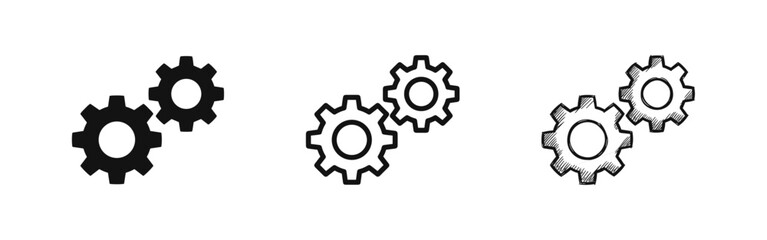 Two Gears or Cogs Icon Set. Engineering, Settings, and Mechanic System Symbols in Solid, Outline, and Hand-Drawn Styles © drawing lines
