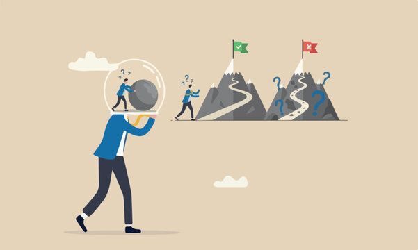 Decision right peak or incorrect, solve problem, critical thinking, decide and dilemma concept, businessman in his head making decision right or wrong