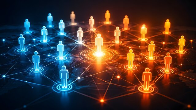 Global networking concept featuring glowing interconnected human figures on a digital world map representing distributed workforce and international communication