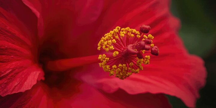 Detailed view of a red hibiscus flower with pollen covered stamen