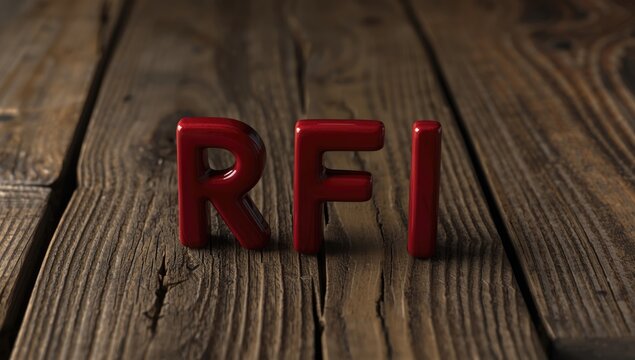Red ceramic RFI abbreviation positioned on rough wood backdrop representing business inquiry