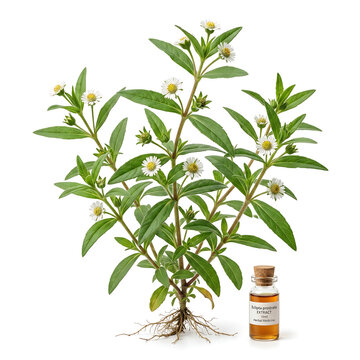 Eclipta Prostrata Plant With Roots And Herbal Medicine Vial White Background