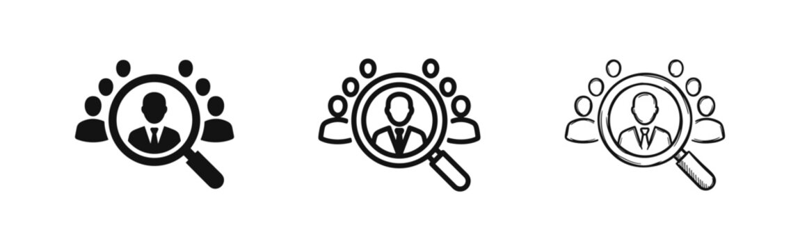 Recruitment and hiring icon set with magnifying glass over people in solid, outline, and sketch styles.