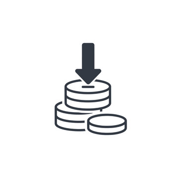 Financial icon of arrow pointing down to coin stack