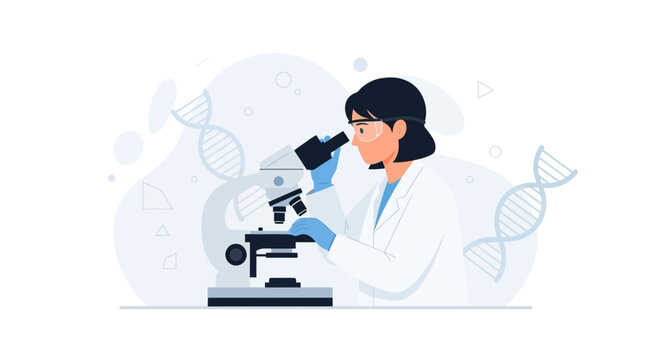 Scientist using microscope with DNA strands in background, vector illustration. Science, research, and discovery concept.