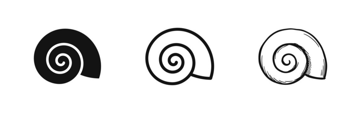 Snail shell or spiral icon set: solid, outline, and hand-drawn. Representing nature, growth, and Fibonacci sequence.