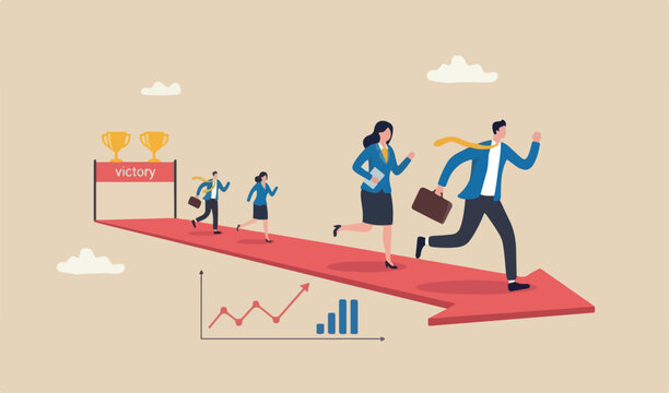 Business competition, or competitors victory, performance employees concept, businessman and together woman meeting team compete running arrow red racetrack