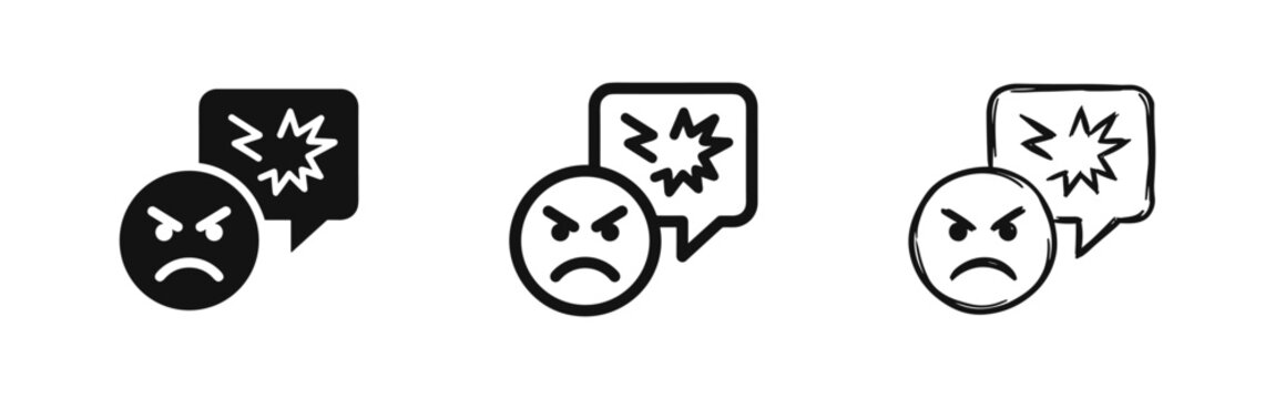 Angry face with explosion speech bubble icon set: solid, outline, and hand-drawn. Expressing frustration, anger, or warning.