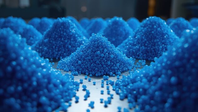 Zoomed perspective on blue polypropylene granule stacks arranged on tabletop