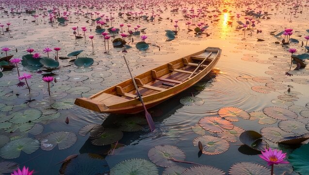 Professional drone photography of a traditional wooden rowing boat floating on a breathtaking pink lotus lake in full bloom during a serene sunrise with golden light reflecting on water surface