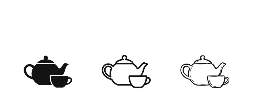 Teapot and teacup icon set for tea time in solid, outline, and hand-drawn styles