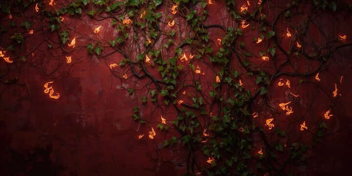 Unique surreal depiction of orange and yellow flames in ivy form on a deep red wall