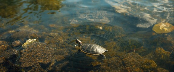Fototapeta premium Lively red eared slider pet moving along peaceful water